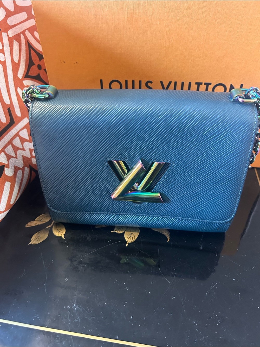 Louis Vuitton metallic Blue Epi Leather Twist Chain Crossbody
